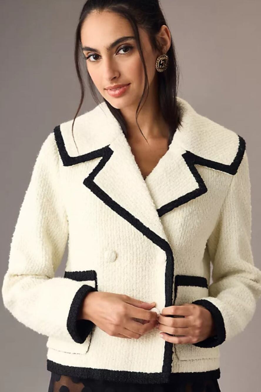Anthropologie Avec Les Filles Cropped Tweed Jacket Wool Contrast Trim Blazer